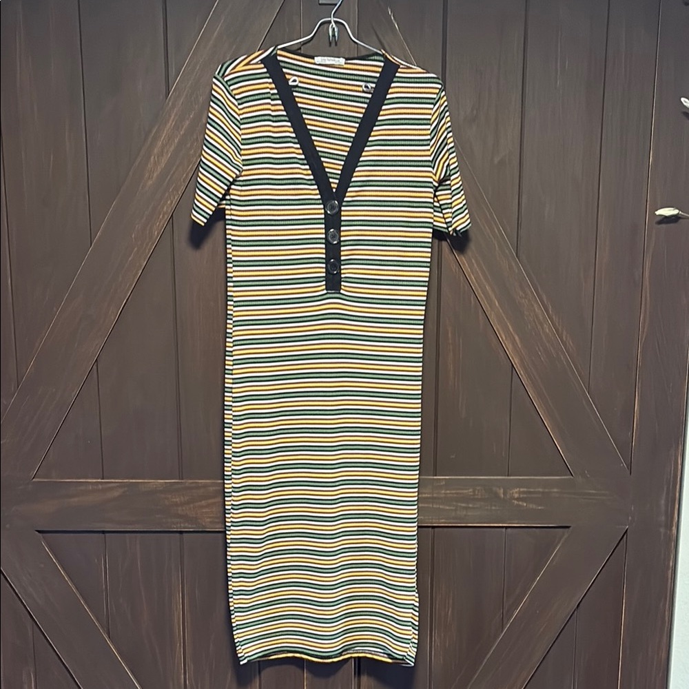 Zara Yellow Cream Midi Sheath Dress V-Neck Polo Collar